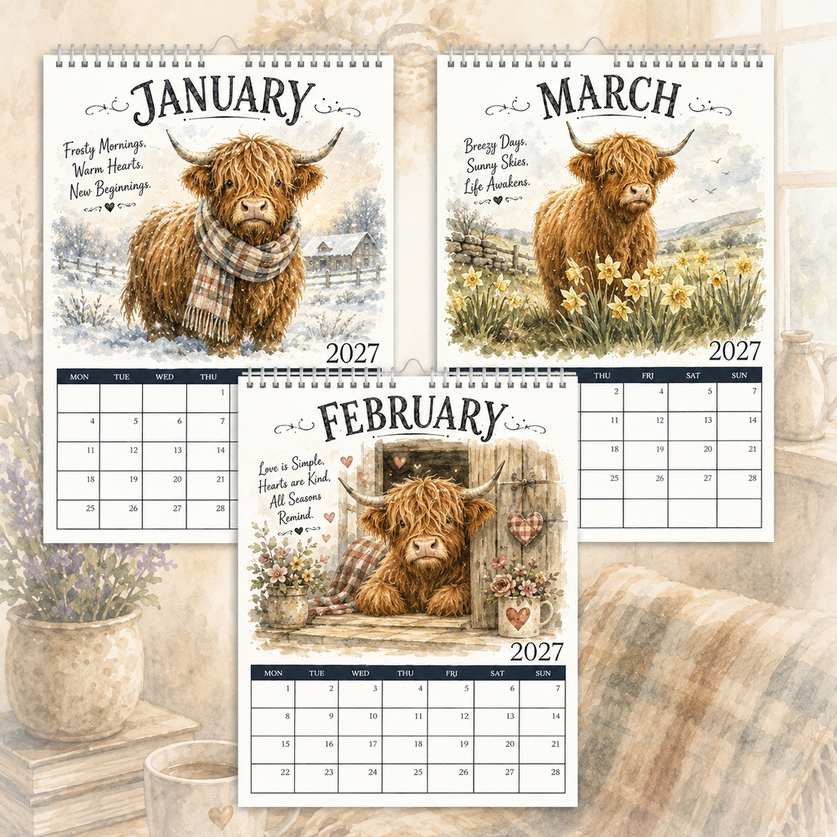 2027 Highland Cow Life Calendar|A4 Hanging Calendar