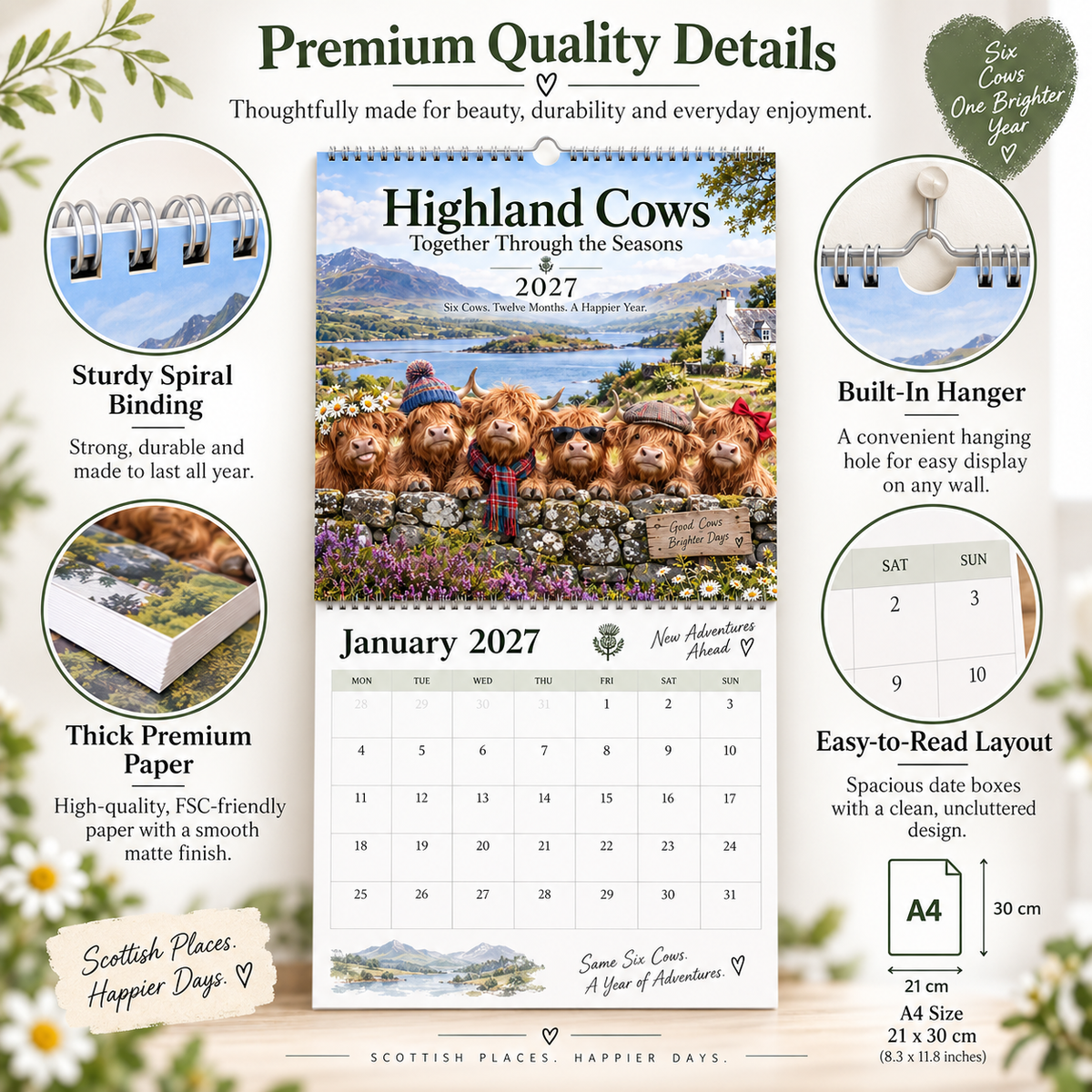 🐮 Highland Cows 2027 Wall Calendar – Six Charming Highland Cows Through The Seasons, Scottish Countryside Artwork, Cute Farmhouse Gift For Cow Lovers