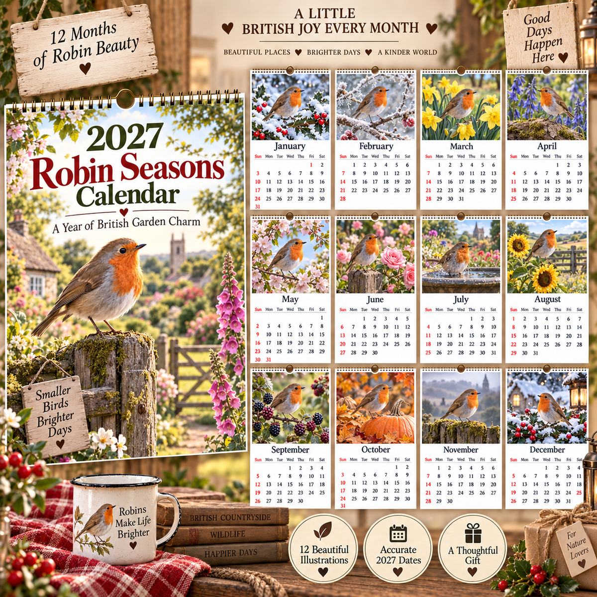 2027 Robin Seasons Calendar – 12 Months of British Garden Charm