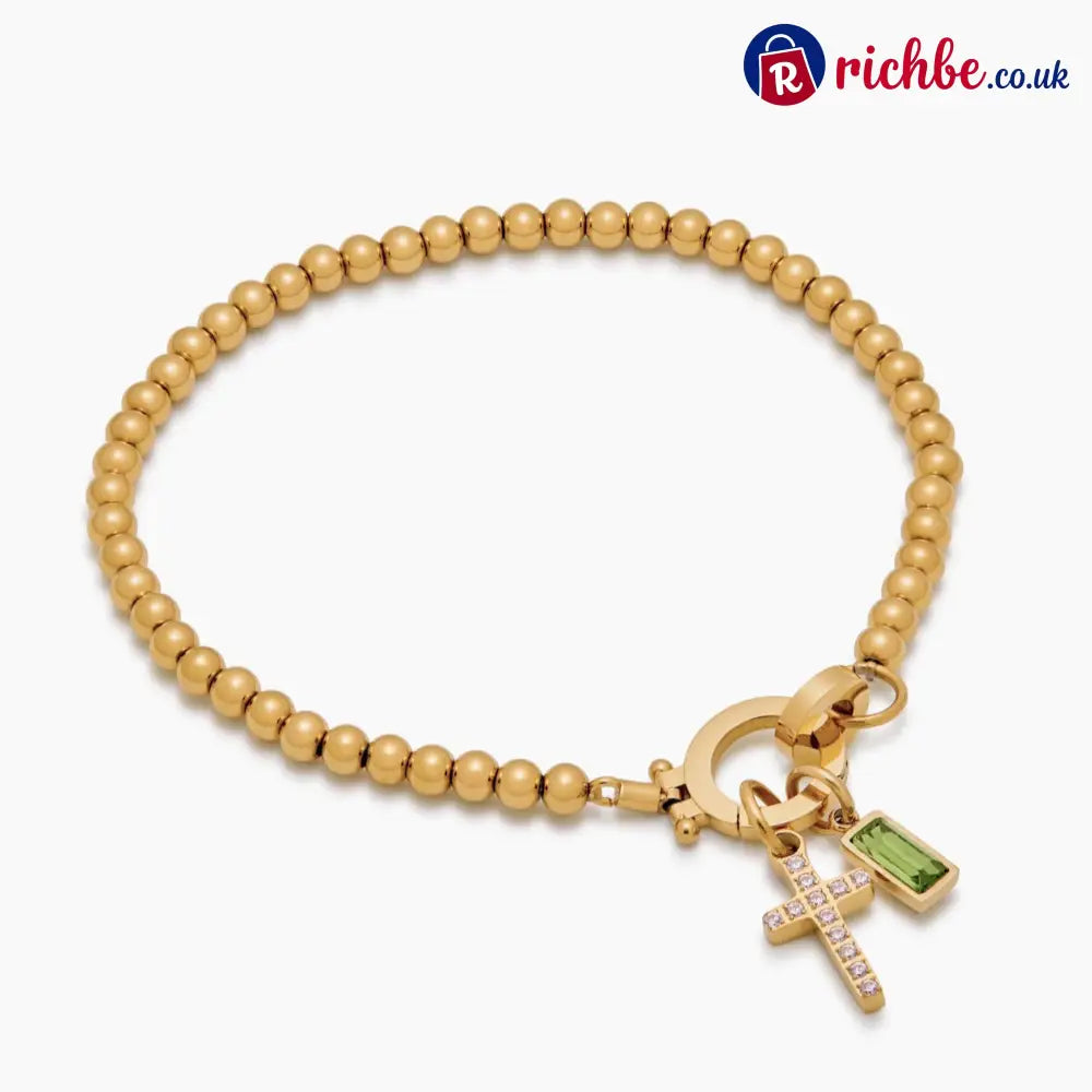 Beaded Birthstone Cross Charm Bracelet
