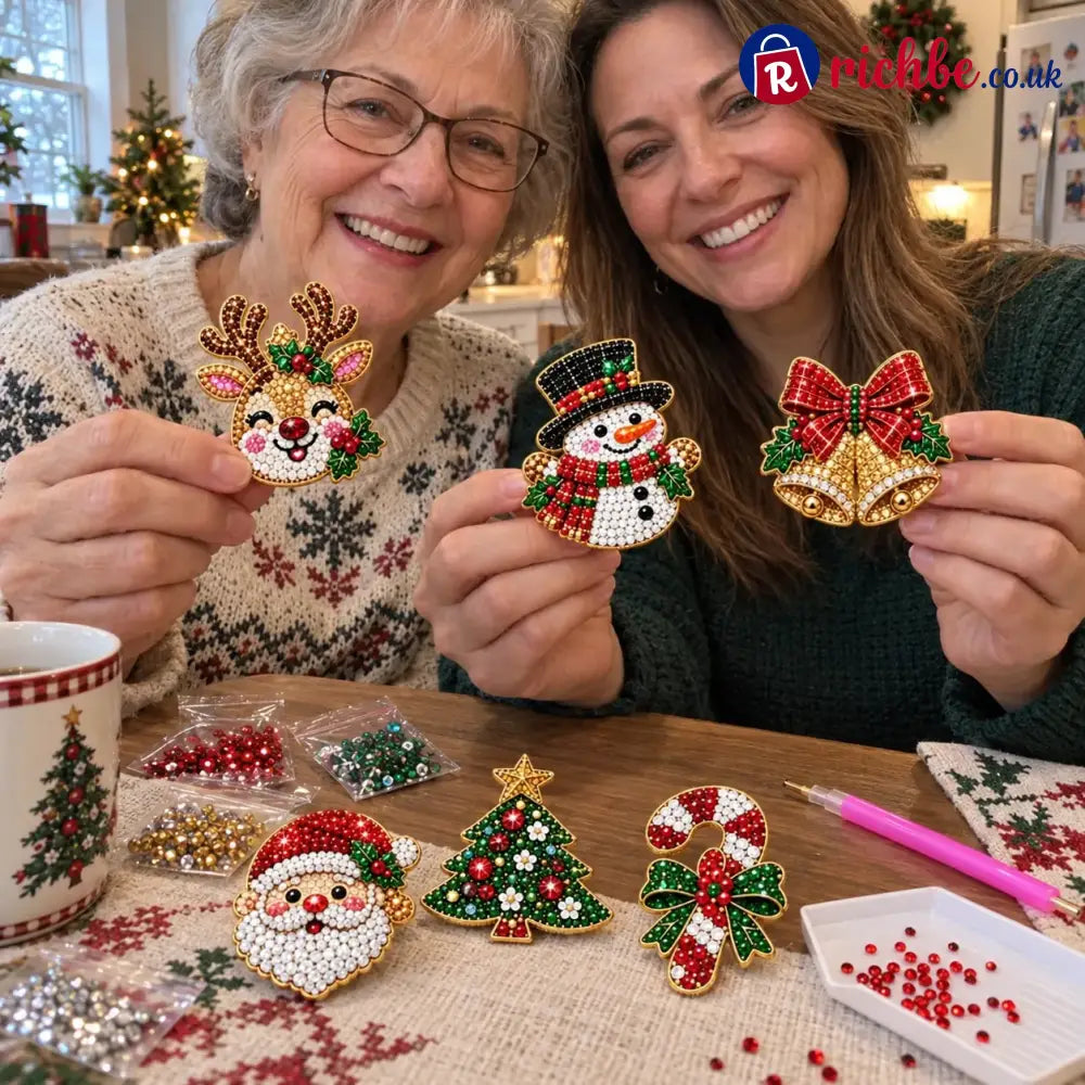 ๐Beginner-Friendly Christmas Diamond Painting Brooch DIY Kit | 6 Festive Designs with Sparkling Gems & Pin Backs ๐
