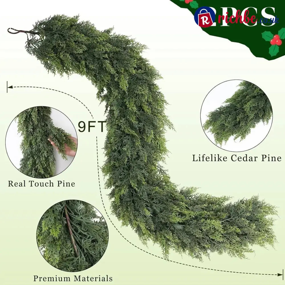 🏠 CHRISTMAS FAVORITE | Artificial Cedar Garland 2-Pack – 6 FT Faux Greenery for Mantels Tables Stairs & Walls - 9FT