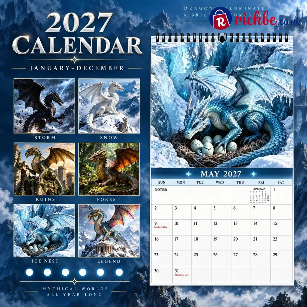 Dragons World 2027 Wall Calendar – 12-Month Epic Fantasy Dragon Calendar Mystical Legendary Art Hanging Planner for