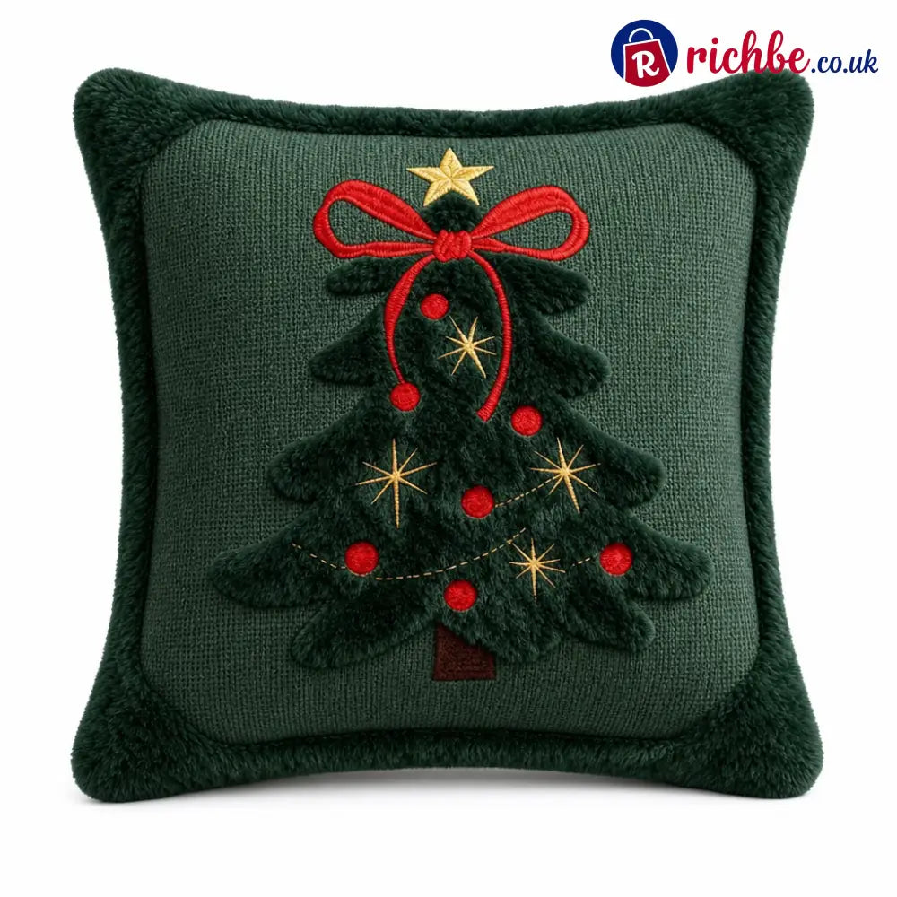 🎄 Embroidered Christmas Tree Throw Pillow Cover with Bow 45x45cm Decorative Cushion Cover for Living Room Sofa 🧸 - Red
