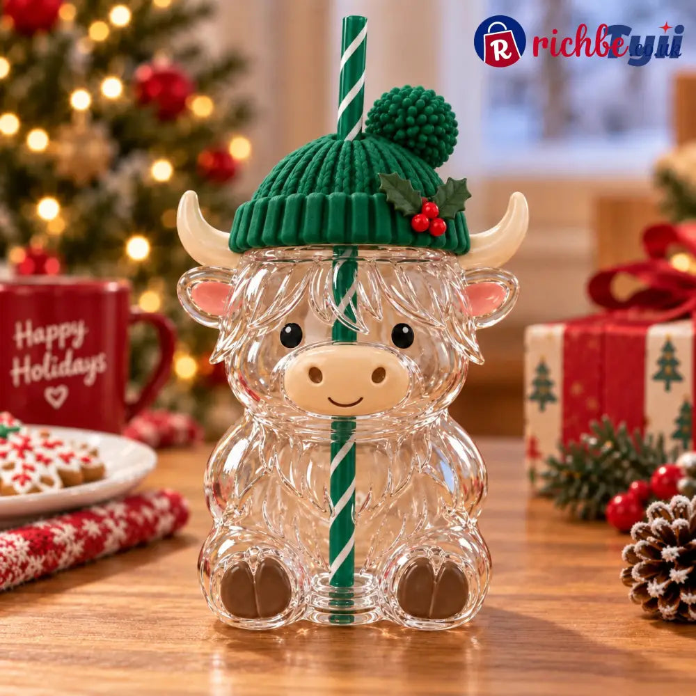 ❤️Highland Cow Christmas Glass Cup with Straw – Cute Holiday Tumbler Gift - Green