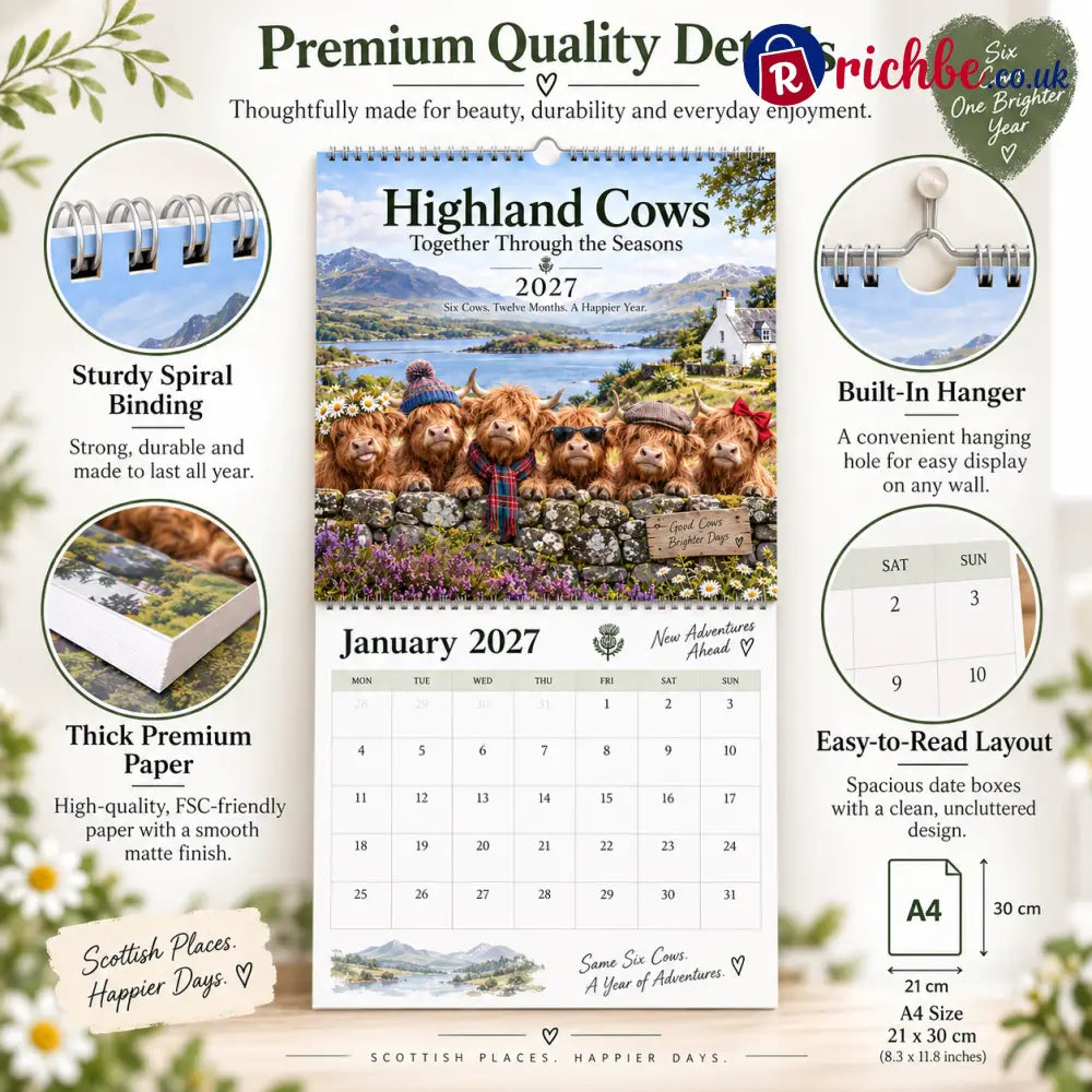 🐮 Highland Cows 2027 Wall Calendar – Six Charming Highland Cows Through The Seasons Scottish Countryside Artwork Cute