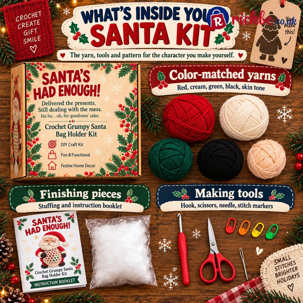 ⏳ Last Day 49% OFF – 🧶 Beginner-Friendly Christmas Crochet Bag Holder DIY Kit | 4 Festive Designs with Yarn Tools &