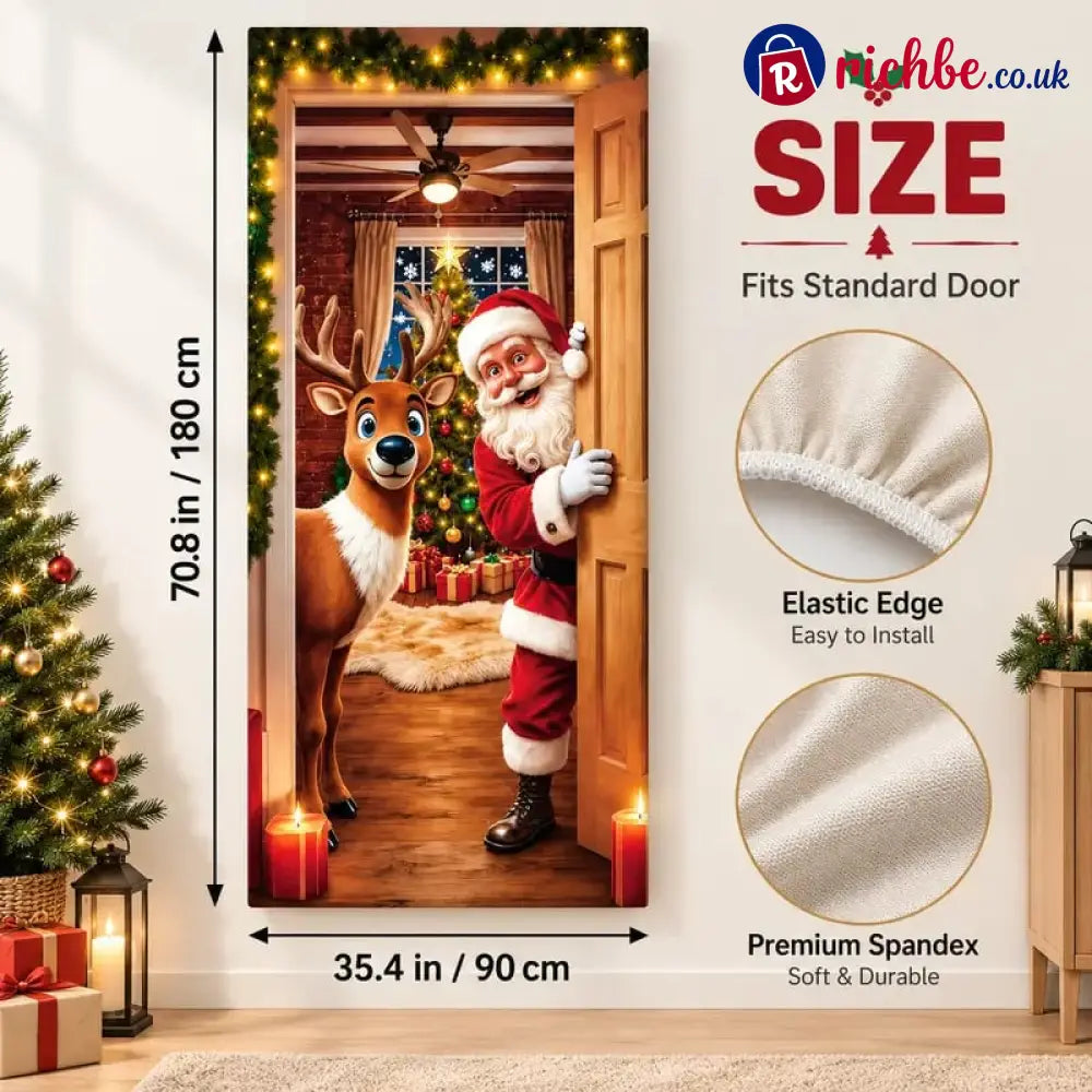 ⏰LAST DAY 50% OFF 🎄Stretch Christmas Door Cover – Santa & Reindeer Slip-On Door Decoration with 4-Side Elastic Edge