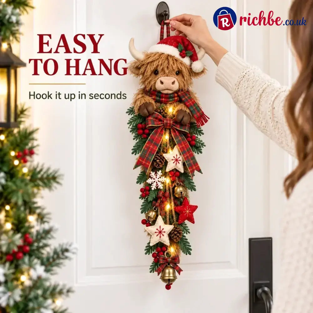 ๐ Lighted Highland Cow Christmas Door Swag โ A Cozy Holiday Welcome