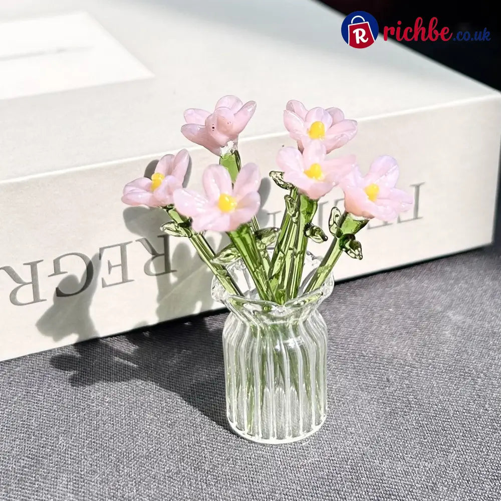 Mini Glass Flower Ornament Crafts Artificial Flower Floral Figurine - Porcelain Pink Flower Set (7 Flowers) - Houseware
