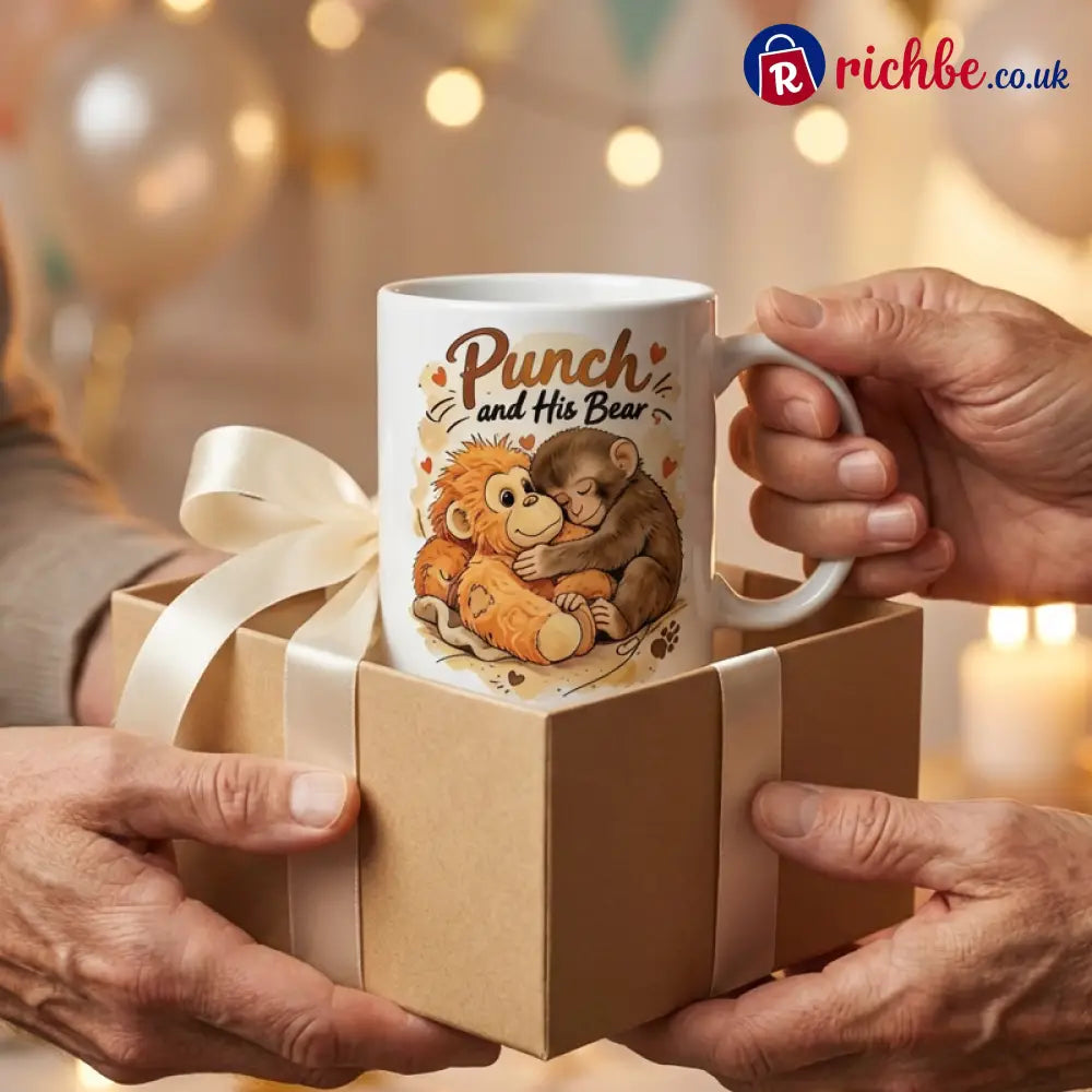 ’Punch and His Bear’ Cute Monkey Ceramic Mug - White - Hot Sale