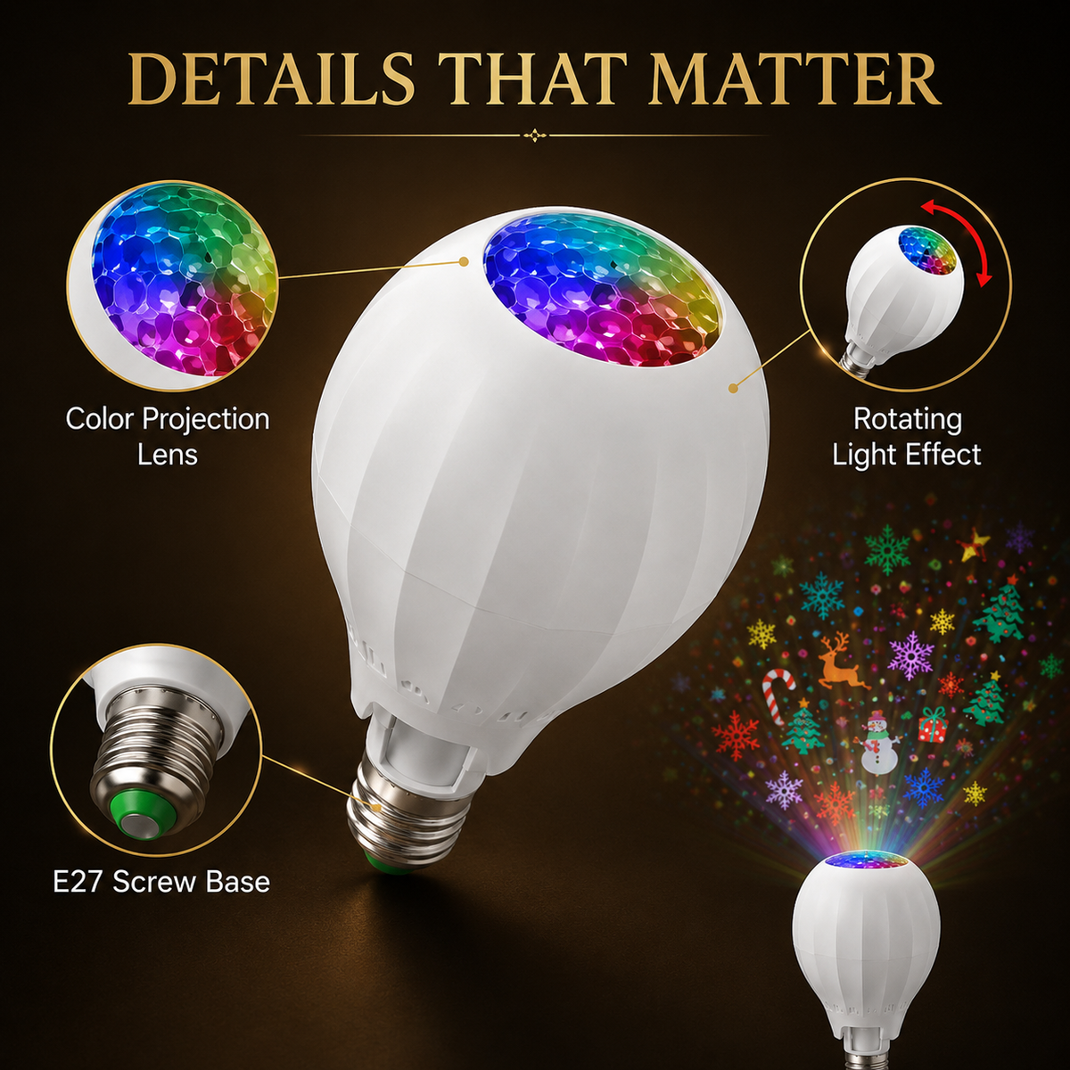 🎄Colorful Rotating Christmas Atmosphere Projector‑ E27 Socket Holiday Projection Light Bulb, 180° Adjustable Festive Pattern Lamp for Xmas Party Home Decor