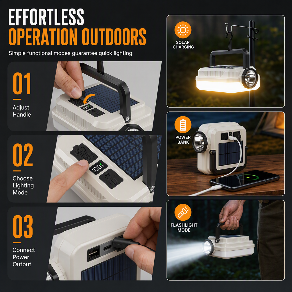 🏕️🔥Dual‑Light Solar Camping Lantern‑Multi‑Function Portable Solar Work Light with Power Bank, Hanging Emergency Lamp for Camping Hiking Power‑Outage