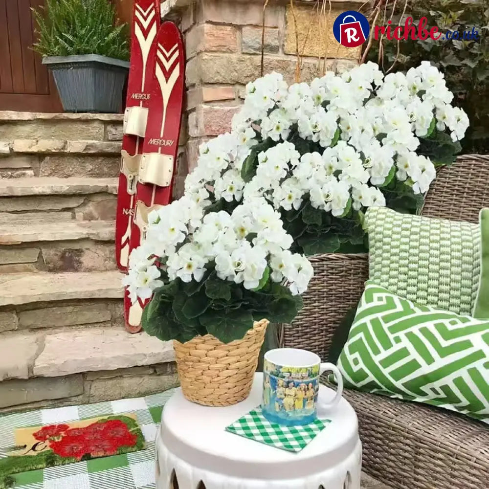 UV Resistant Artificial Geraniums – Outdoor Red Faux Flowers for Patio Garden & Home Decor - White / 1 Bundle