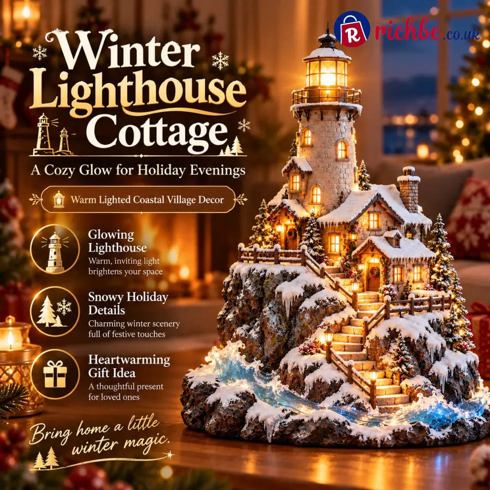 ❄️ Winter Lighthouse Cottage Glow, Lighted Coastal Christmas Village ✨