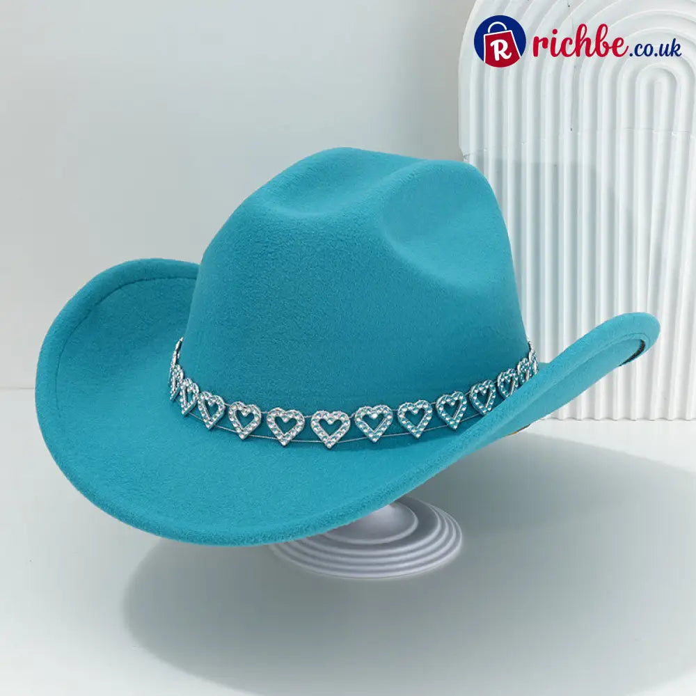 👒 Women’s Rhinestone Heart Cowboy Hat Elegant French Jazz Fedora❤️ - Lake Blue - Clothing & Accessories