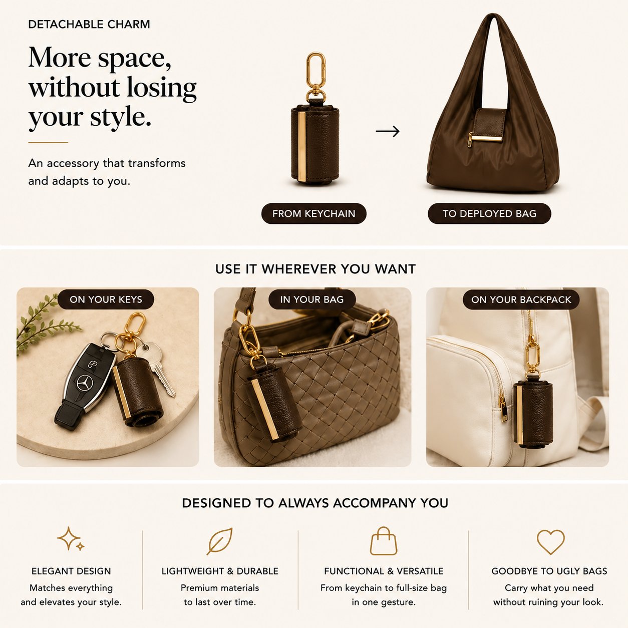 Toworkact™ Varelli Charm Transformable Bag – Stylish Vegan Leather Tote & Keychain Charm