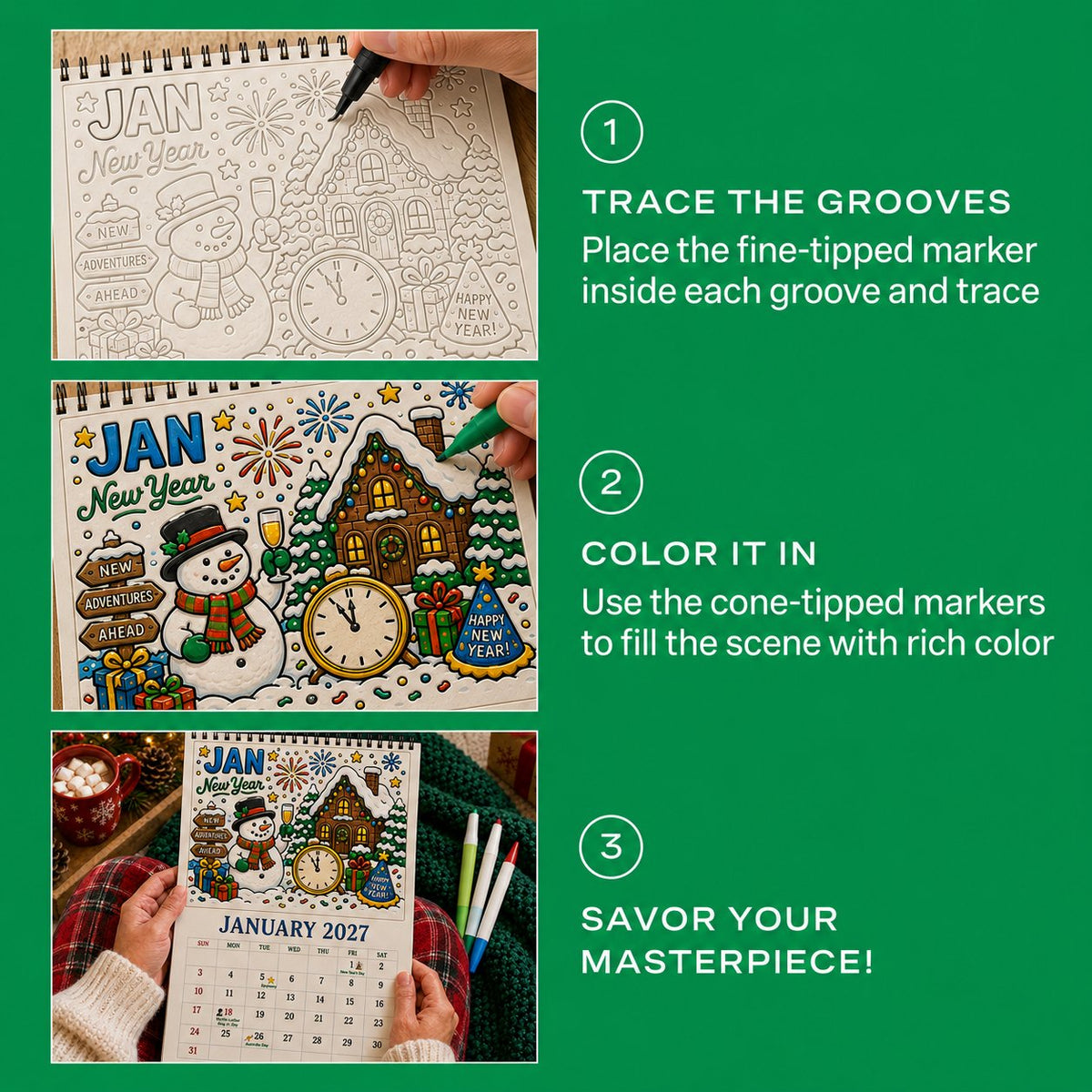🔥🎨Color The Year 2027: Trace-By-Groove Creative Calendar📅| Seasonal Guided Coloring Wall Calendar With Markers