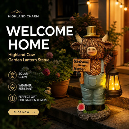 Highland Cow Garden Statue with Solar Lantern and Welcome Sign