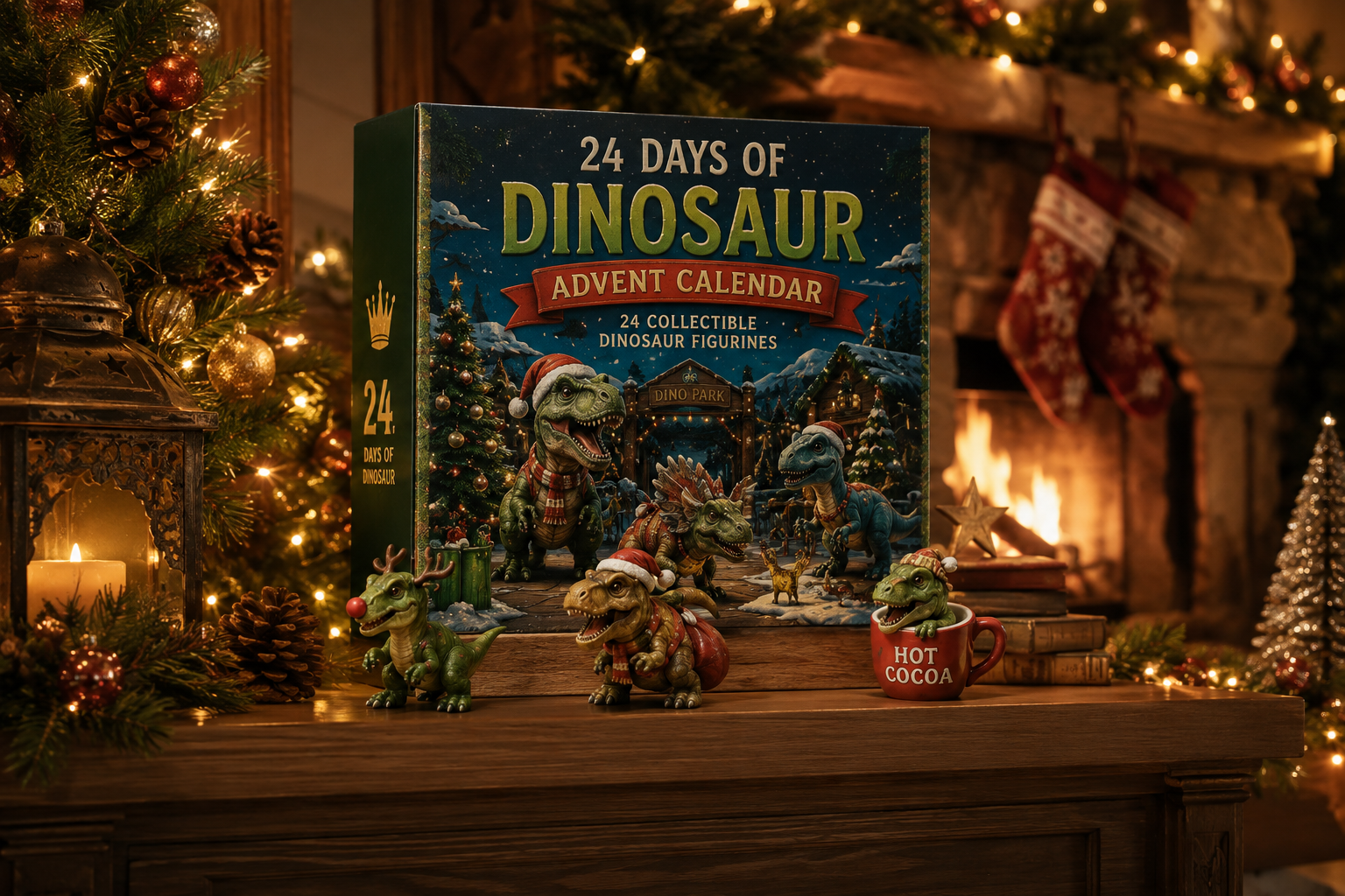 Dinosaur Christmas Advent Calendar on holiday mantel