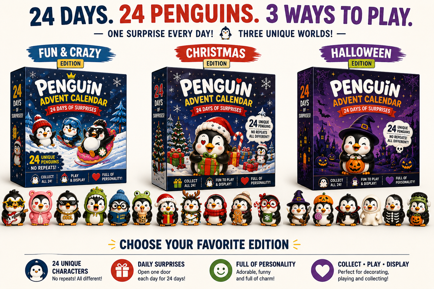 🐧 24 Days of Penguin Surprises Advent Calendar – 24 Unique Penguins, 3 Fun Editions