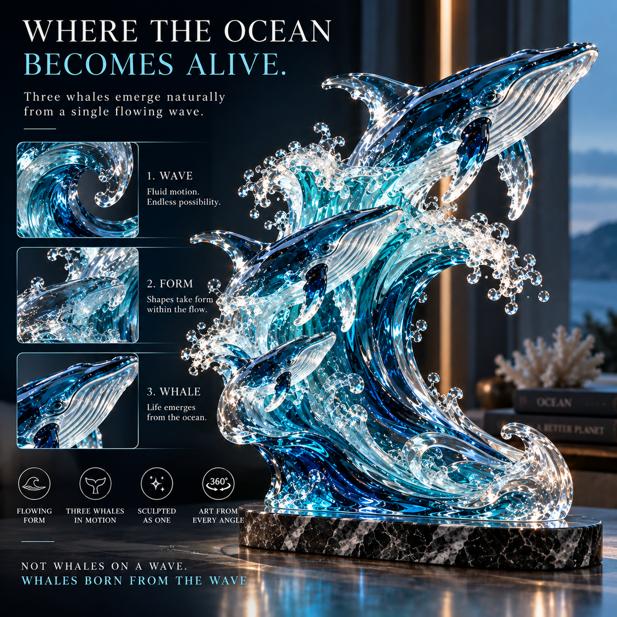 🐋 Becoming Ocean – Three Whales Rising from the Wave Sculpture