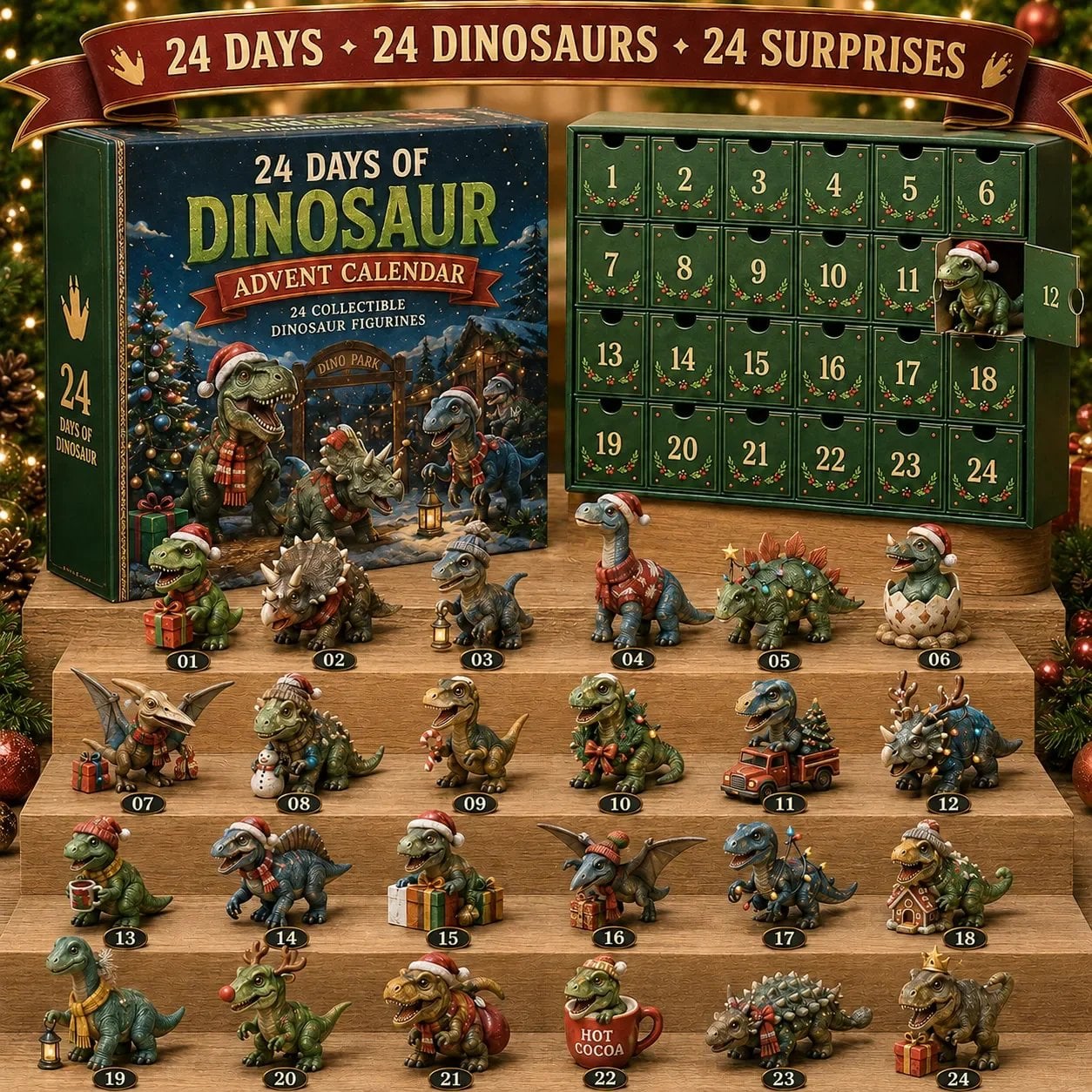 🦖24 Days of Dinosaur Christmas Advent Calendar – 24 Collectible Dino Figurines & Holiday Surprises