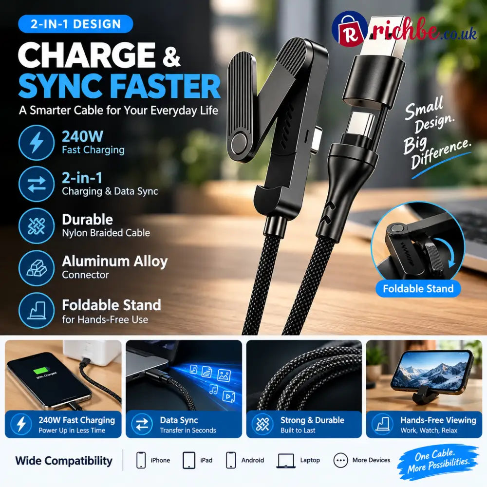 📱 2-in-1 Fast Charging Cable with Phone Stand – Charge & Watch Hands-Free ⚡ - 1.5 meters black - Hot Sale