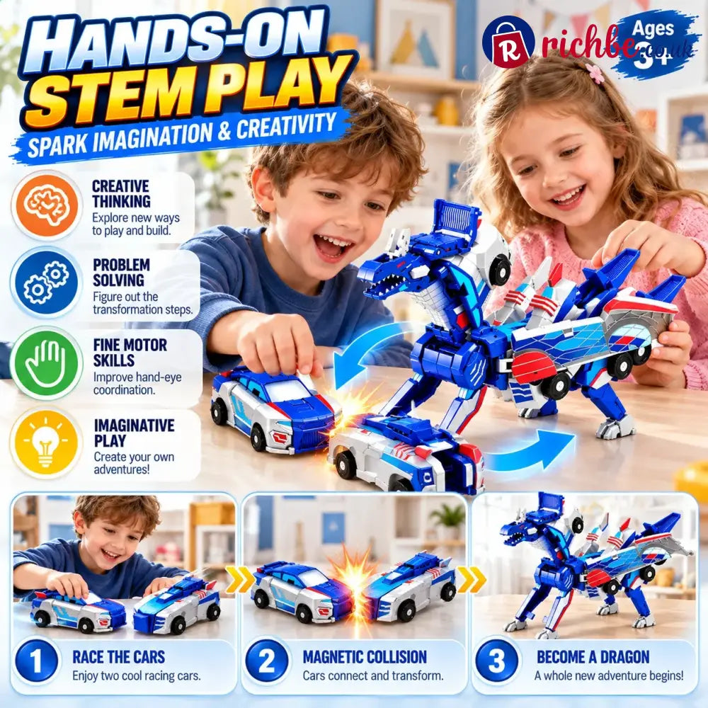 2-in-1 Magnetic Transforming Dragon Car Toy – Racing Car Set