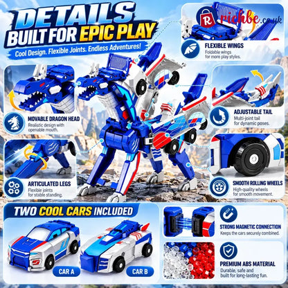 2-in-1 Magnetic Transforming Dragon Car Toy – Racing Car Set