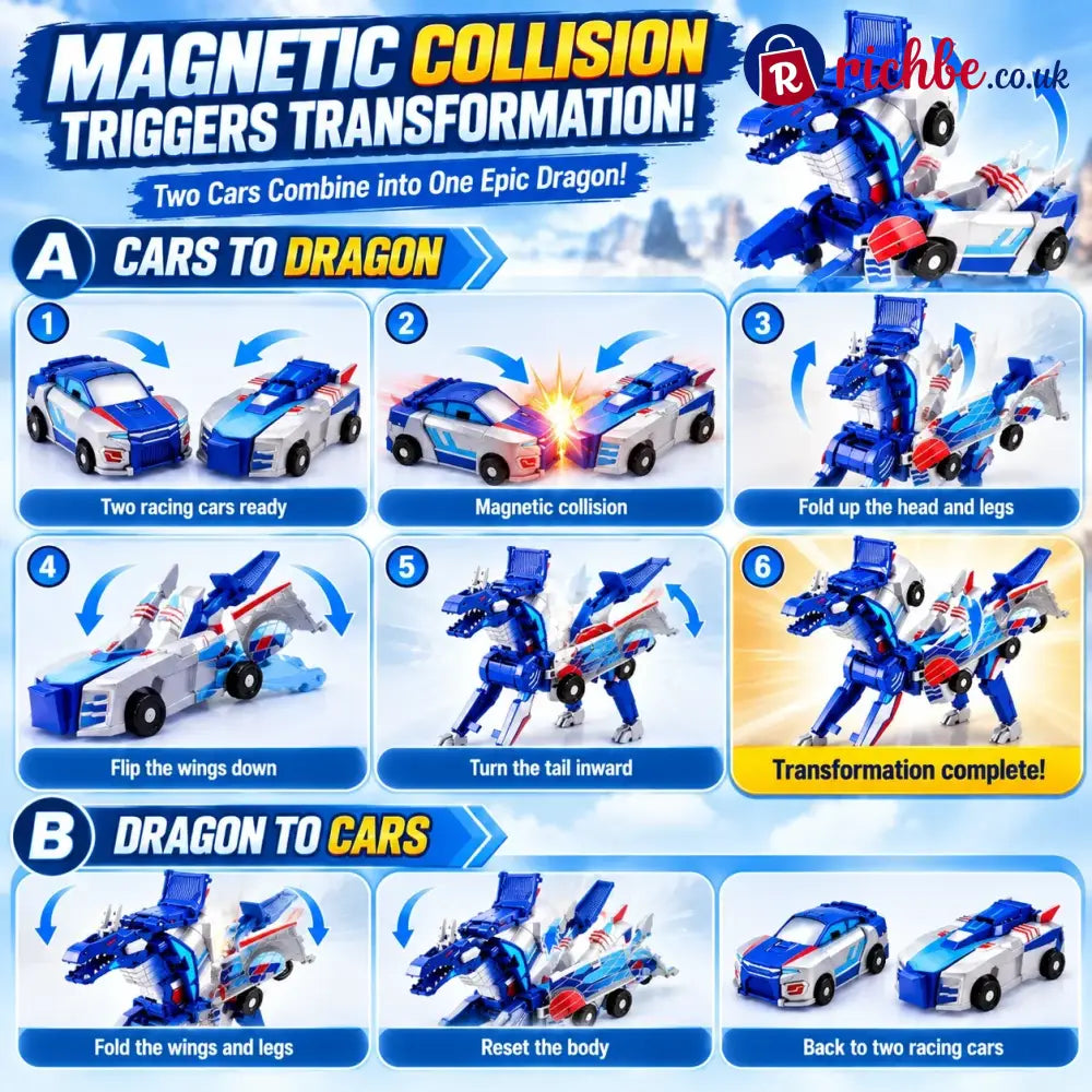 2-in-1 Magnetic Transforming Dragon Car Toy – Racing Car Set