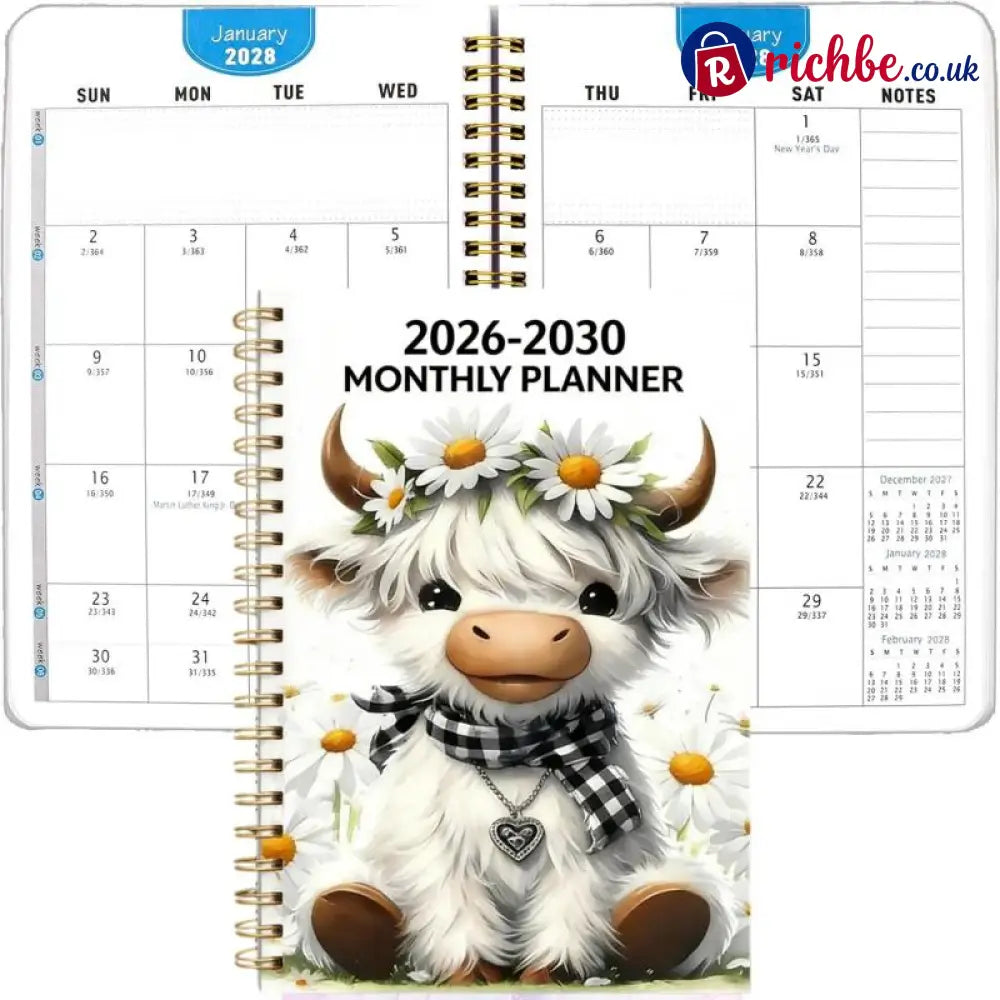 🐮 2026–2030 Monthly Planner ✨ Cute Highland Cow 5-Year Calendar | Large Monthly Blocks for Long-Term Planning