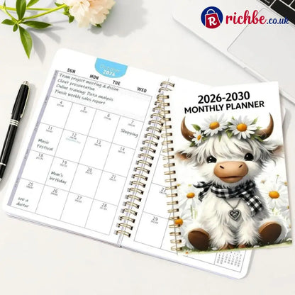 🐮 2026–2030 Monthly Planner ✨ Cute Highland Cow 5-Year Calendar | Large Monthly Blocks for Long-Term Planning