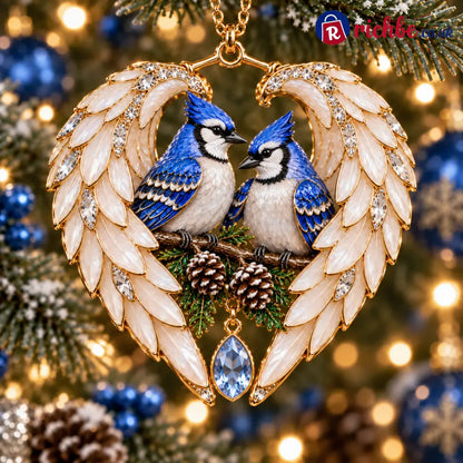 ❤️2026 Angel Wing Heart Christmas Ornaments - Bluebird Pair & Flowers 💙