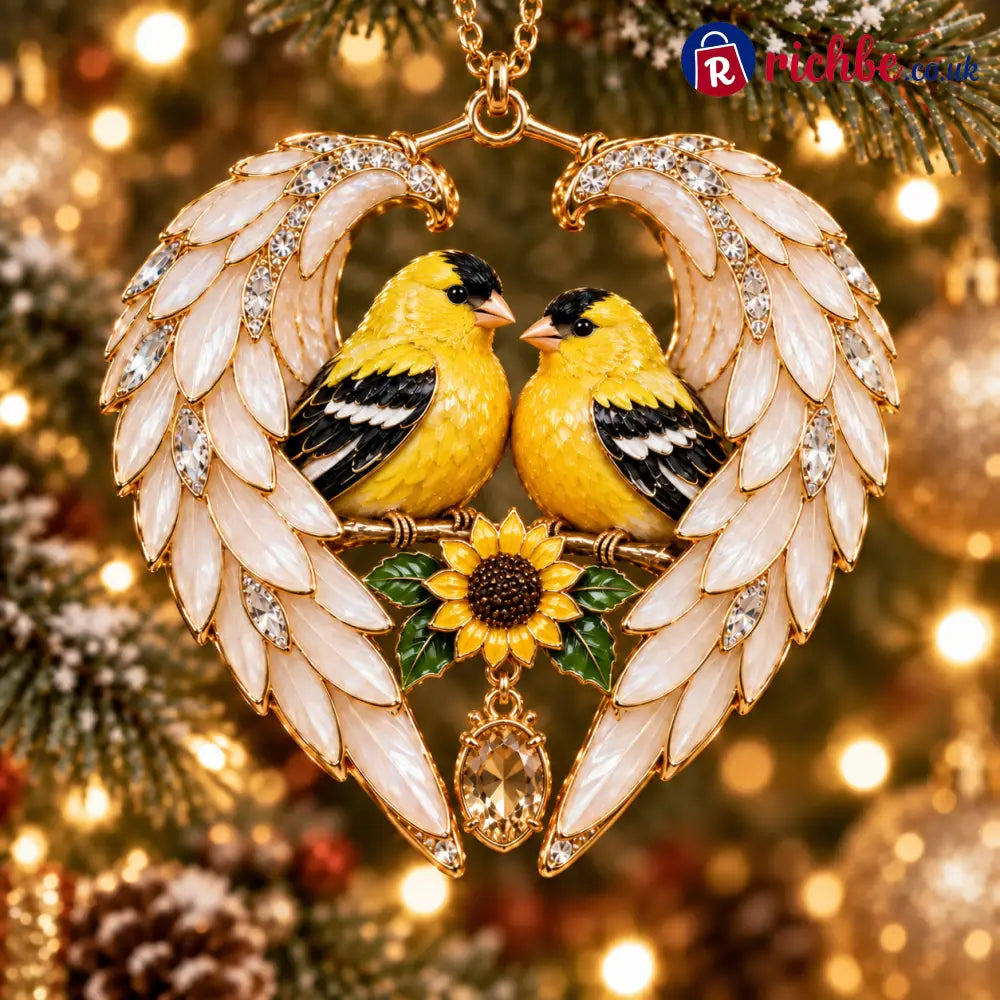 ❤️2026 Angel Wing Heart Christmas Ornaments - Goldfinch Pair & Sunflower 🌻