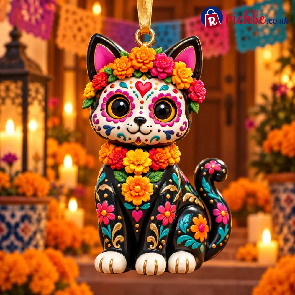 2026 Día de Muertos Ornaments – Folk Art Keepsake Collection Celebrating Love & Remembrance - 🐱🌼 Sugar Skull Cat