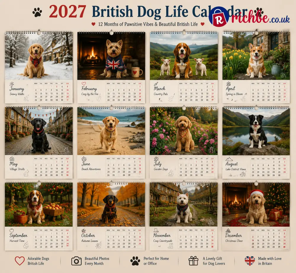 🐕 2027 British Dog Life Calendar – 12 Months of Adorable Dogs & Beautiful British Moments – Wall Calendar Gift for Dog