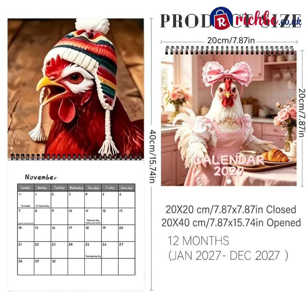 🐔 2027 Chicken Wall Calendar 12-Month Spiral Planner With Notes - 2027 CALENDAR📅