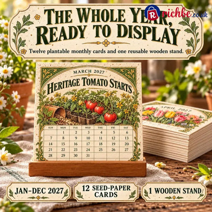 🌱 2027 Heirloom Garden Plantable Seed Calendar | 12 Plantable Months with Vintage Botanical Art & Wooden Stand 🌼 - New