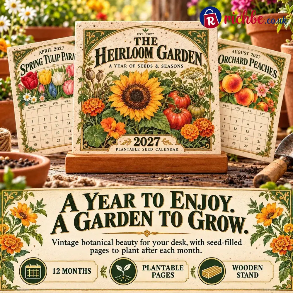 🌱 2027 Heirloom Garden Plantable Seed Calendar | 12 Plantable Months with Vintage Botanical Art & Wooden Stand 🌼 - New