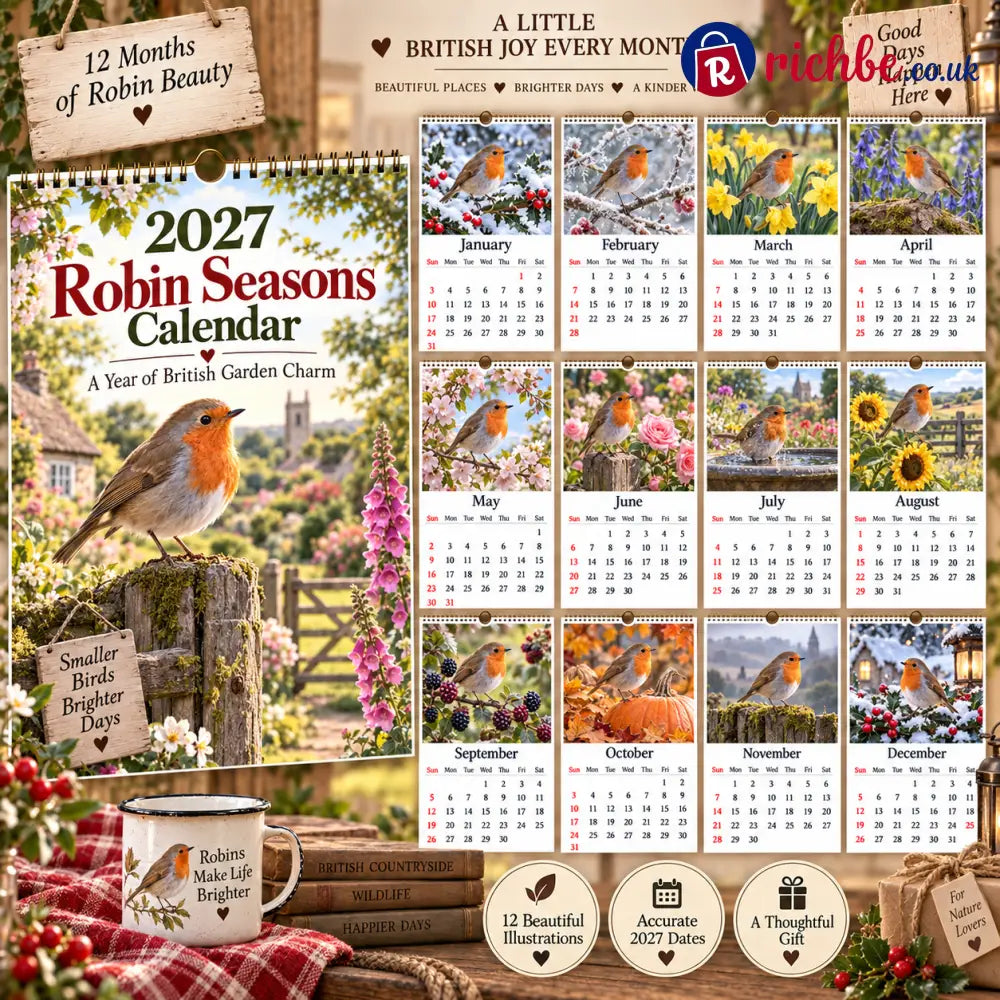 2027 Robin Seasons Calendar – 12 Months of British Garden Charm - Houseware & Kitchen