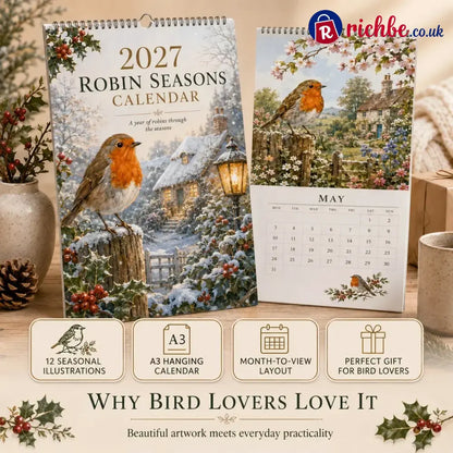 2027 Robin Seasons Calendar – British Countryside Garden Bird Wall Calendar & Gift for Bird Lovers