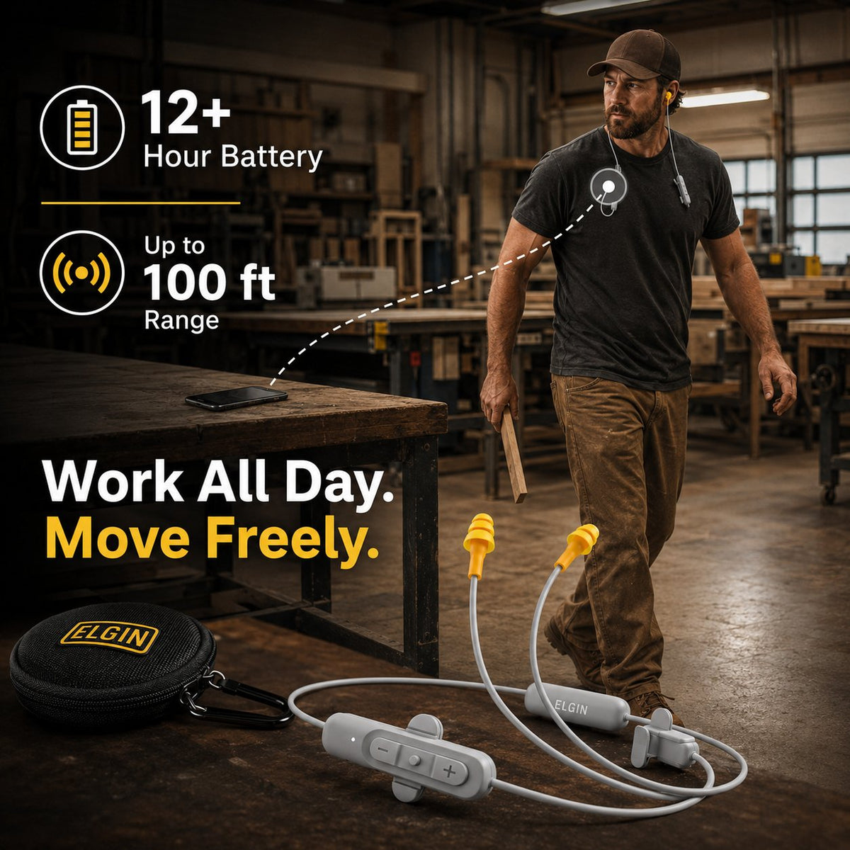 🎧 25dB NRR Wireless Hearing Protection Earbuds – 12+H Battery, Bluetooth & IP65