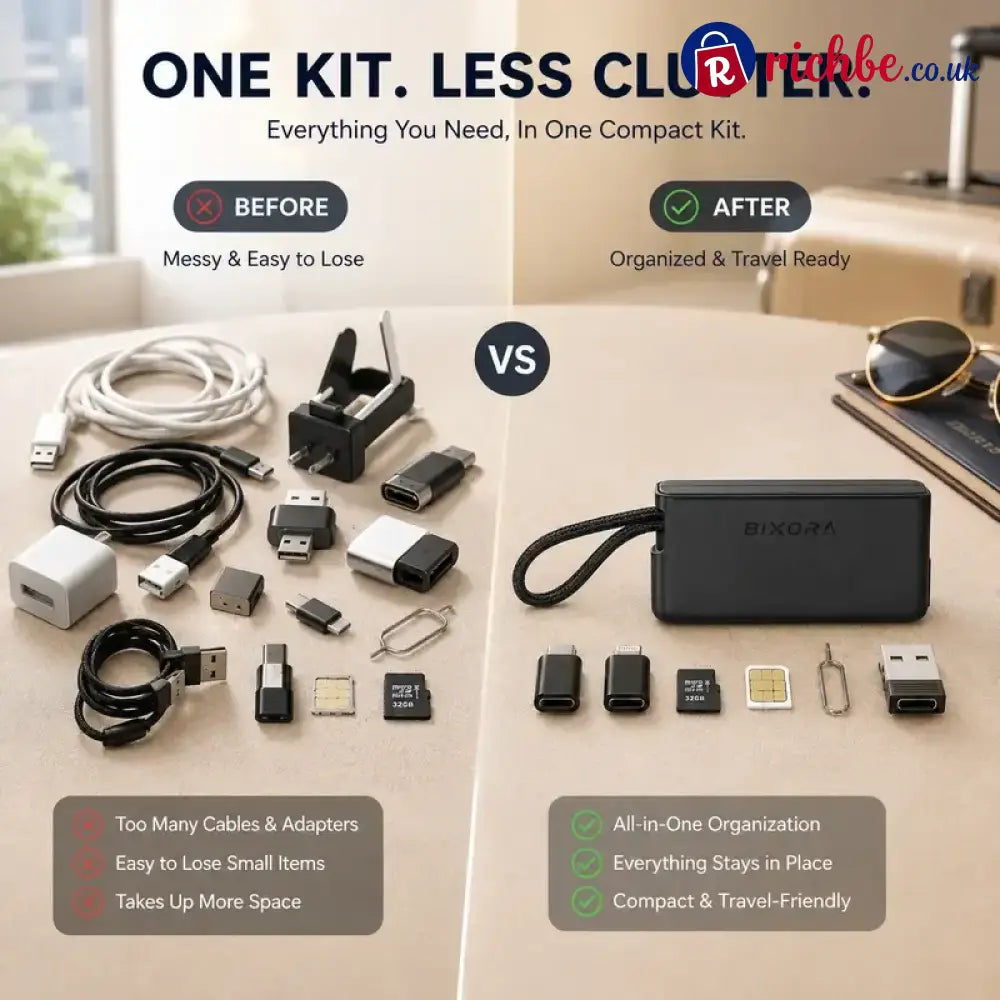 🧳 240W Pocket All-in-One Travel Tech Kit – USB-C Cable Multi-Adapters 480Mbps Data Sync SIM/TF Storage & Phone Stand 🛫✨