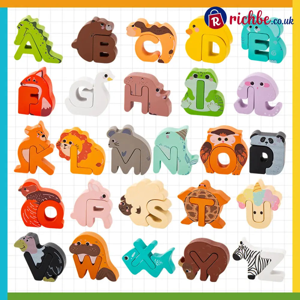 🔤 26-Piece Wooden Letter & Animal Matching Toy – Hands-On Alphabet Mastery Vibrant Animal Illustrations & Child-Safe