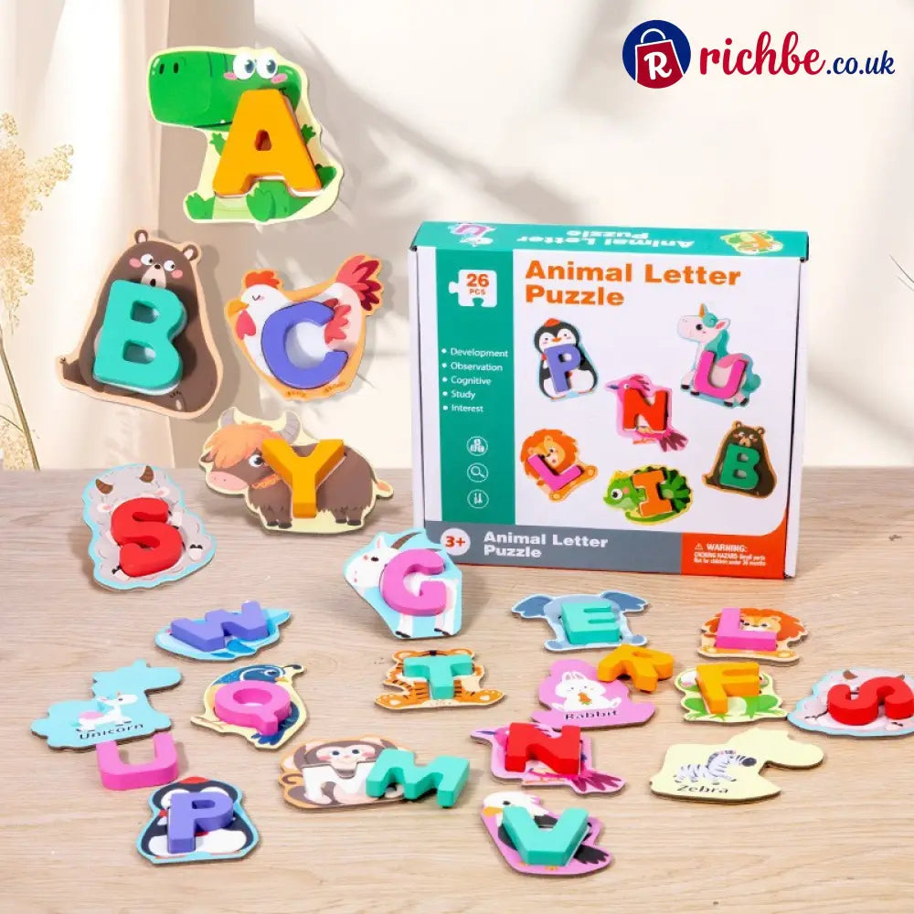 🔤 26-Piece Wooden Letter & Animal Matching Toy – Hands-On Alphabet Mastery Vibrant Animal Illustrations & Child-Safe