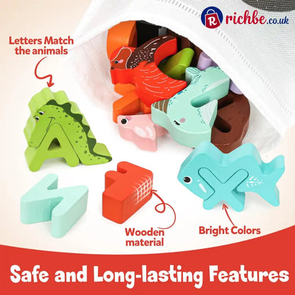 🔤 26-Piece Wooden Letter & Animal Matching Toy – Hands-On Alphabet Mastery Vibrant Animal Illustrations & Child-Safe