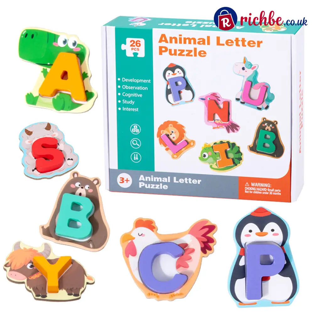 🔤 26-Piece Wooden Letter & Animal Matching Toy – Hands-On Alphabet Mastery Vibrant Animal Illustrations & Child-Safe