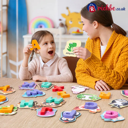 🔤 26-Piece Wooden Letter & Animal Matching Toy – Hands-On Alphabet Mastery Vibrant Animal Illustrations & Child-Safe