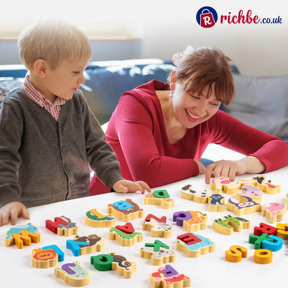 🔤 26-Piece Wooden Letter & Animal Matching Toy – Hands-On Alphabet Mastery Vibrant Animal Illustrations & Child-Safe